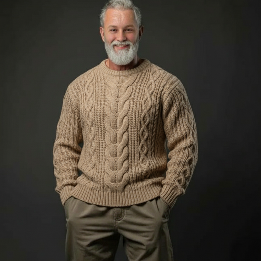 Men’s luxury cable hand-knit crewneck sweater in beige, style B01