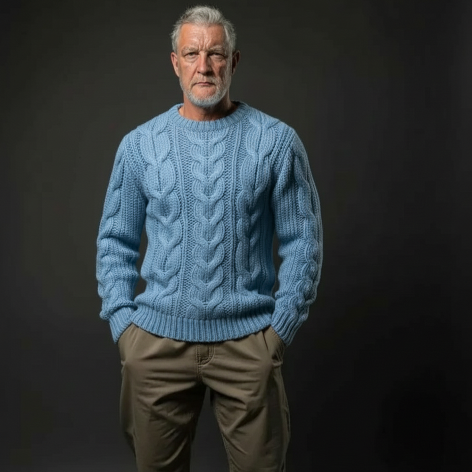 Men's luxury cable hand-knit crewneck sweater B02 blue front