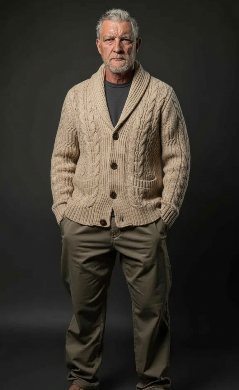 Men’s luxury hand-knit shawl collar cardigan in beige, style C02, front