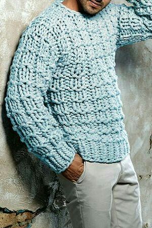 Blue Wool Men’s Hand Knit Crewneck Sweater 24A | Minimalist Look