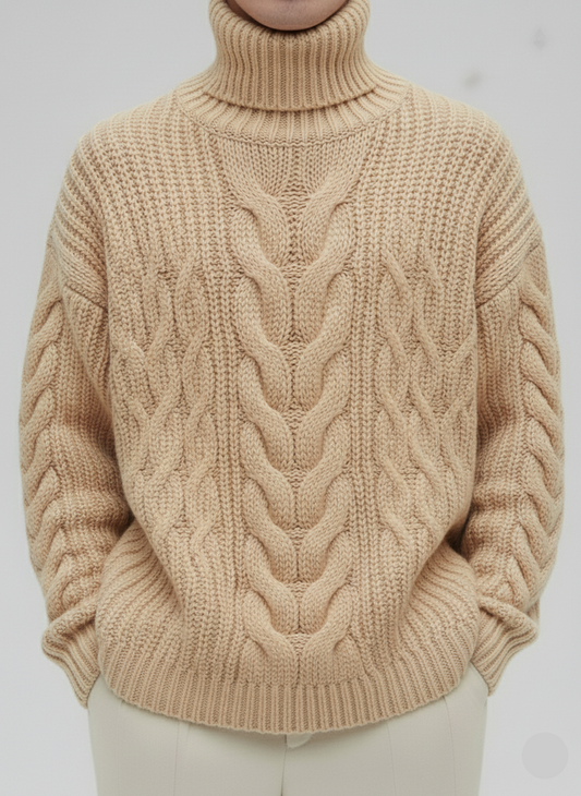 Men’s Oversized Cable Hand Knit Turtleneck 51A | Beige