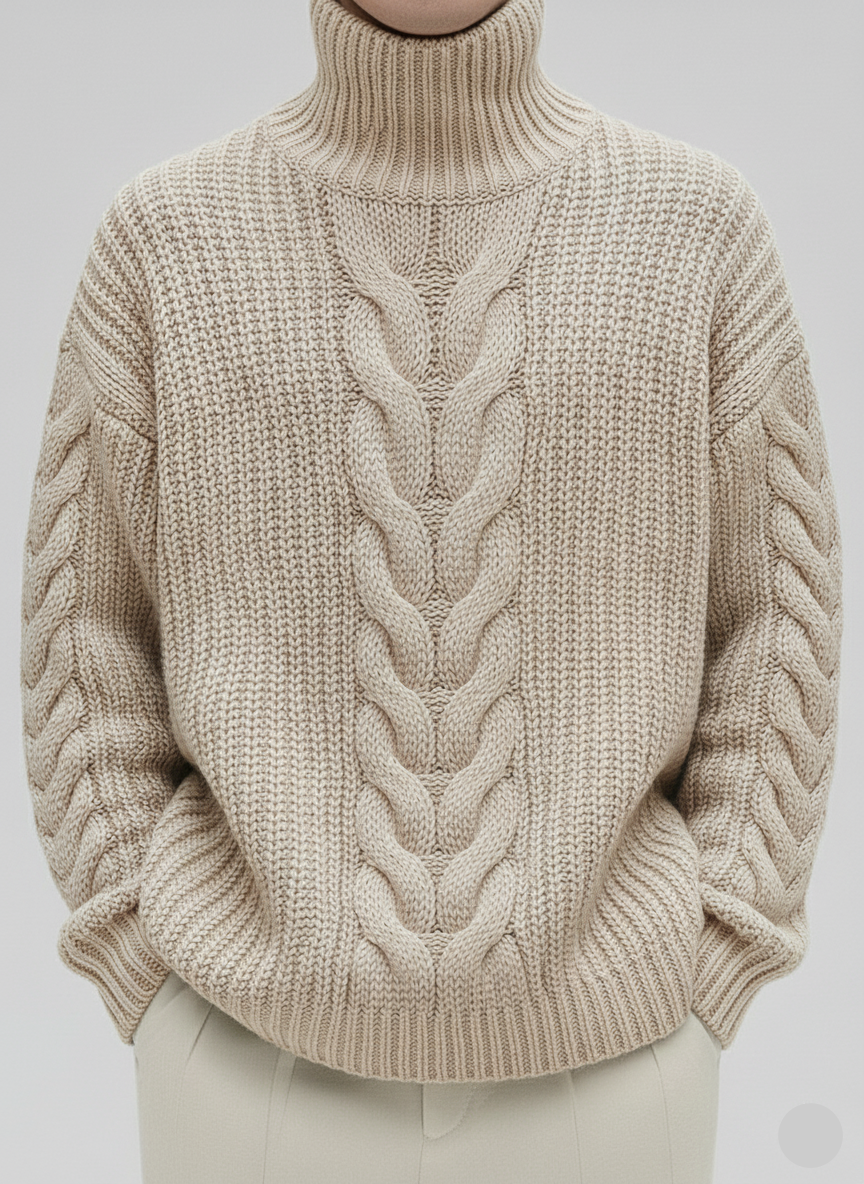 Men’s Classic Hand Knit Turtleneck 25A | Beige Cable