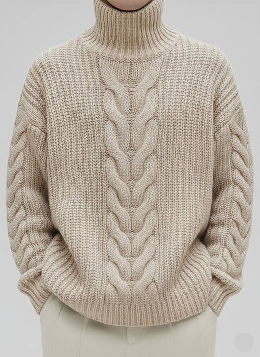 Men’s Classic Hand Knit Turtleneck 25A | Beige Cable