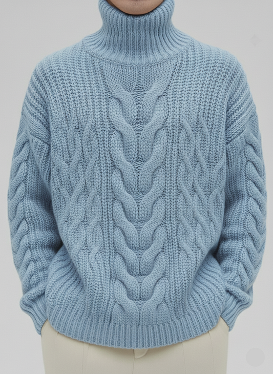 Men’s Oversized Cable Hand Knit Turtleneck 44A | Blue