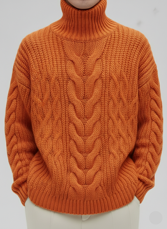 Luxury men’s oversized cable knit hand-made turtleneck in orange, model 48A