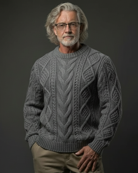 Men’s cable hand-knit crewneck sweater in grey, style B07, front