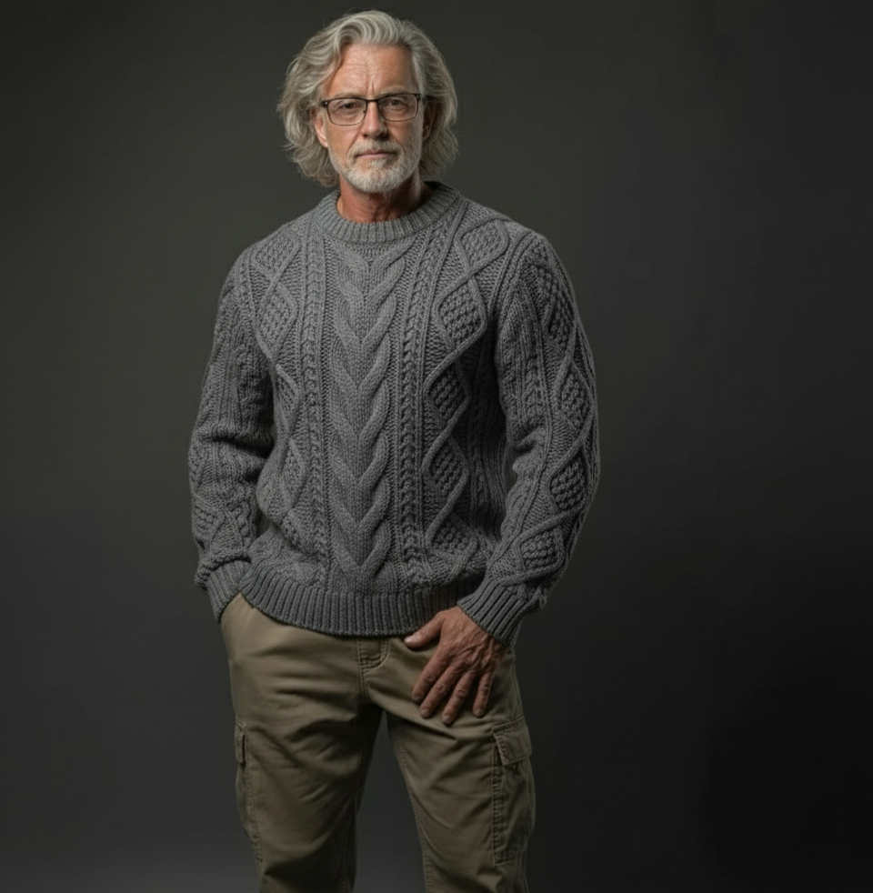 Men’s cable hand-knit crewneck sweater in grey, style B07