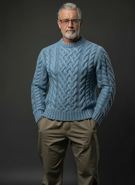 Man wearing a blue cable knit sweater and khaki pants against a dark background
