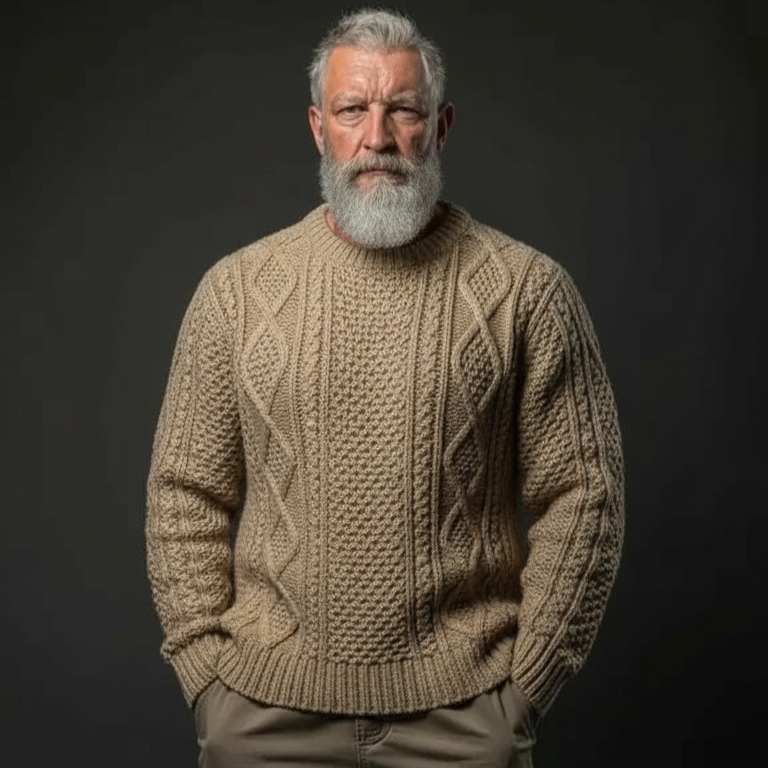 Men’s everyday wear Aran crewneck sweater in beige, style B06, front