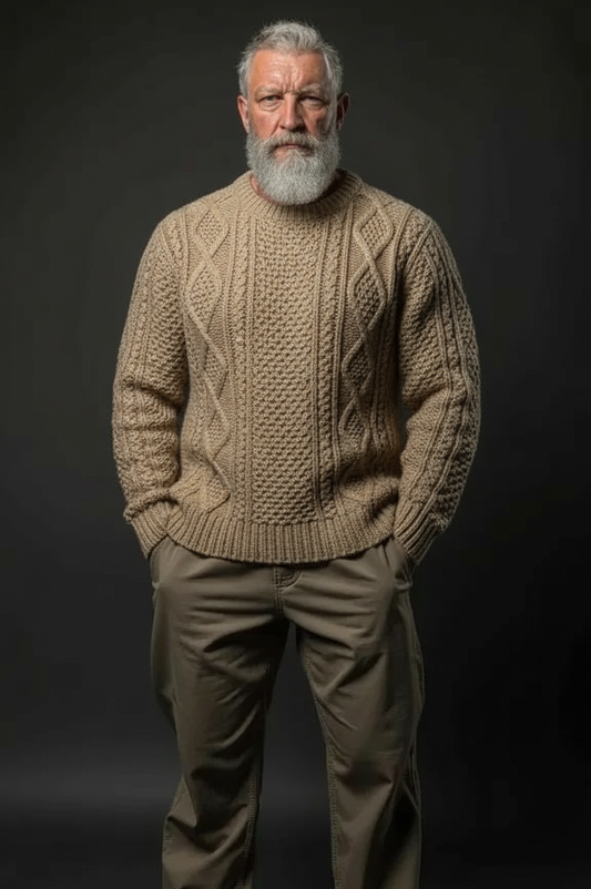 Men’s everyday wear Aran crewneck sweater in beige, style B06