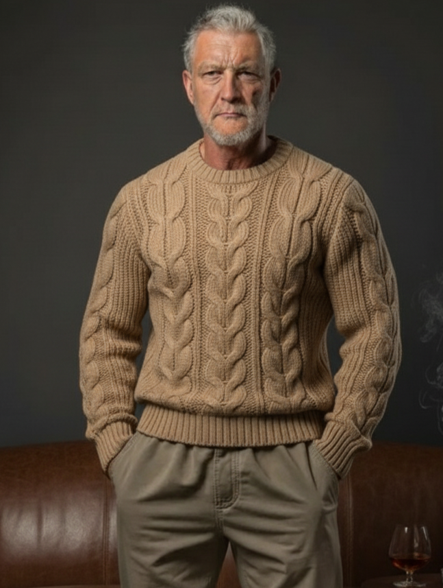 Men’s everyday wear cable crewneck sweater in beige, style B05, front