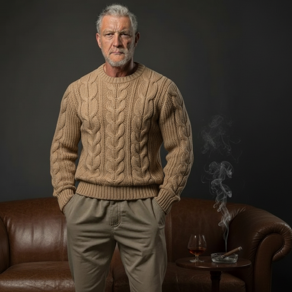 Men’s everyday wear cable crewneck sweater in beige, style B05