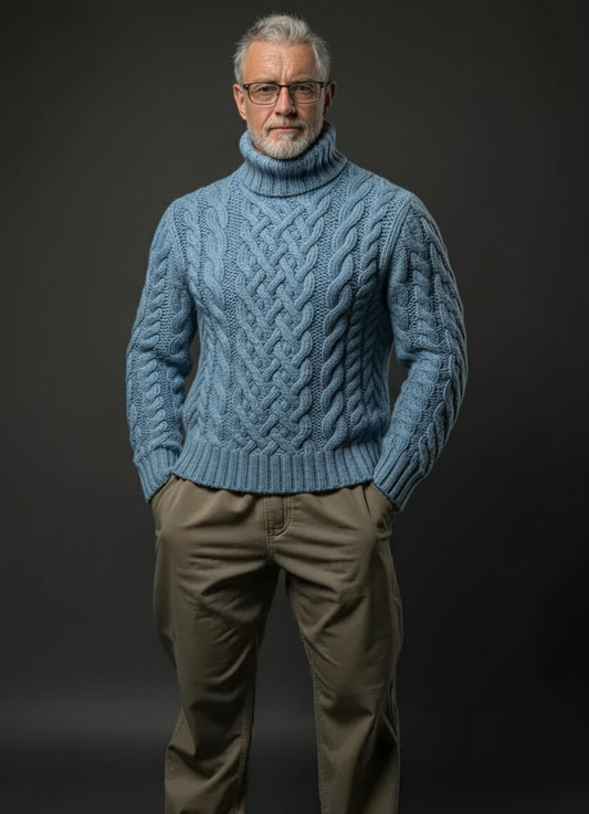 Men’s hand-knit cable turtleneck sweater in blue, style 53A