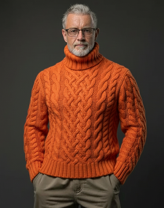 Man wearing an orange cable knit sweater against a dark background