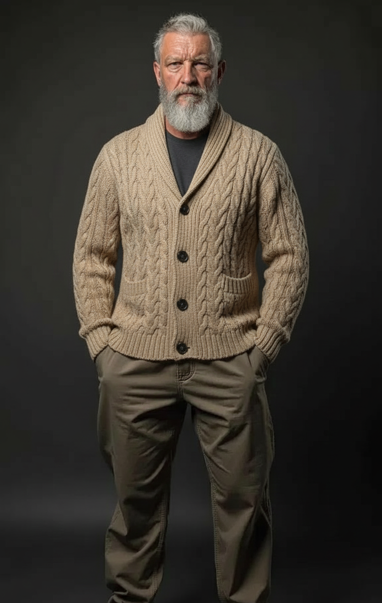 Men’s hand-knit classic cable cardigan in beige, style C05, front