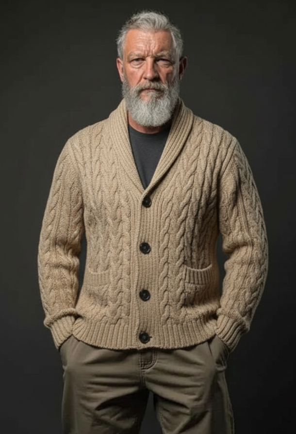 Men’s hand-knit classic cable cardigan in beige, style C05