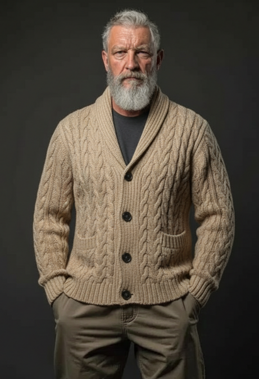 Men’s hand-knit classic cable cardigan in beige, style C05