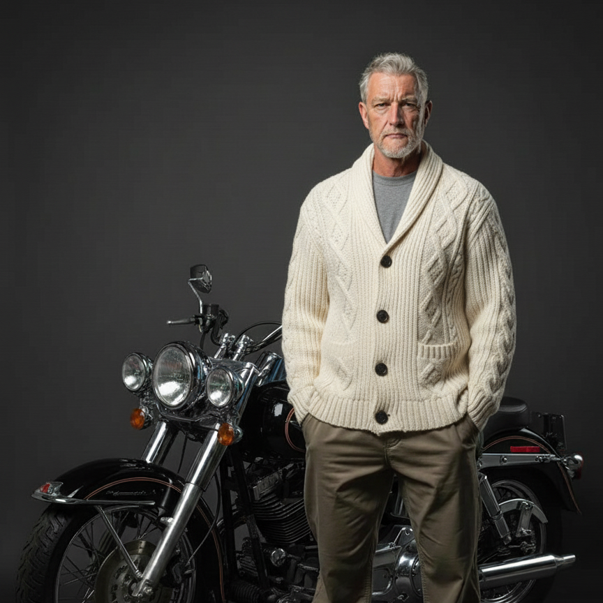 Men’s hand-knit wool blend cardigan in oatmeal, style C04, front