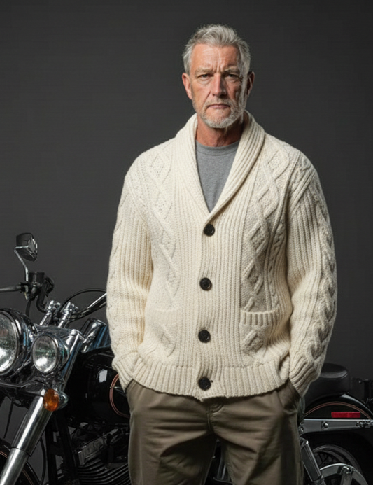 Men’s hand-knit wool blend cardigan in oatmeal, style C04
