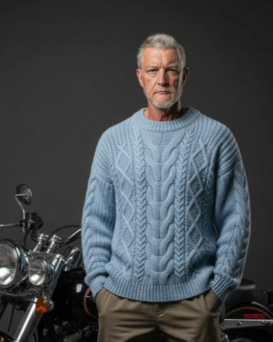 Men’s luxury Aran hand-knit crewneck sweater in blue, style B04