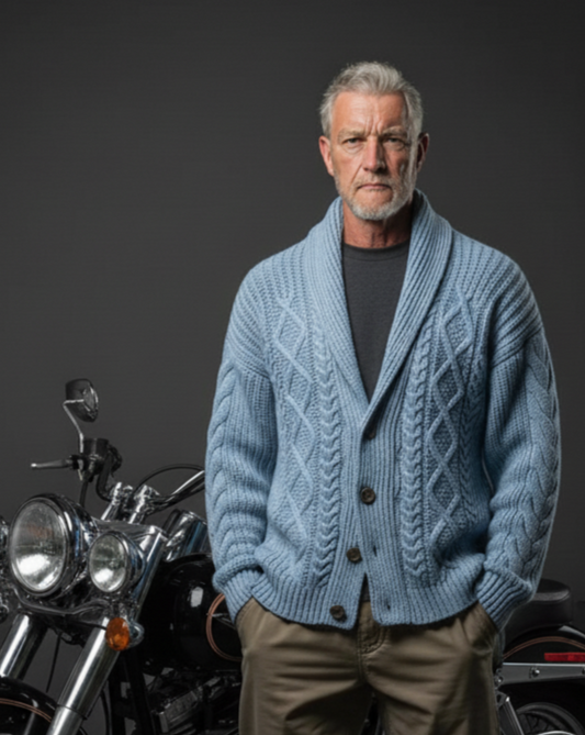 Men’s luxury Aran hand-knit shawl collar cardigan in blue, style C01