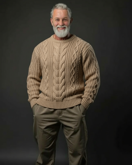 Men’s luxury cable hand-knit crewneck sweater in beige, style B01, main