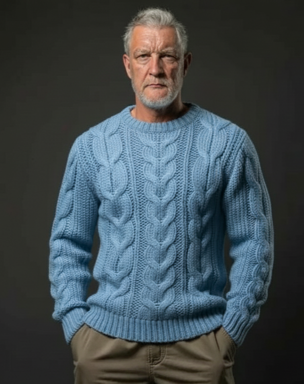 Men’s luxury cable hand-knit crewneck sweater in blue, style B02