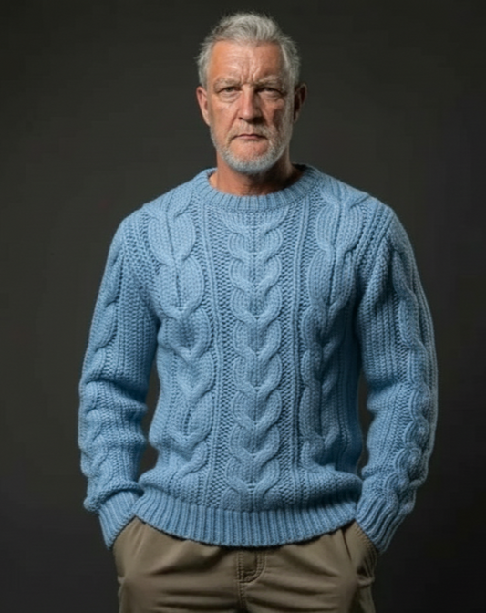 Men’s luxury cable hand-knit crewneck sweater in blue, style B02