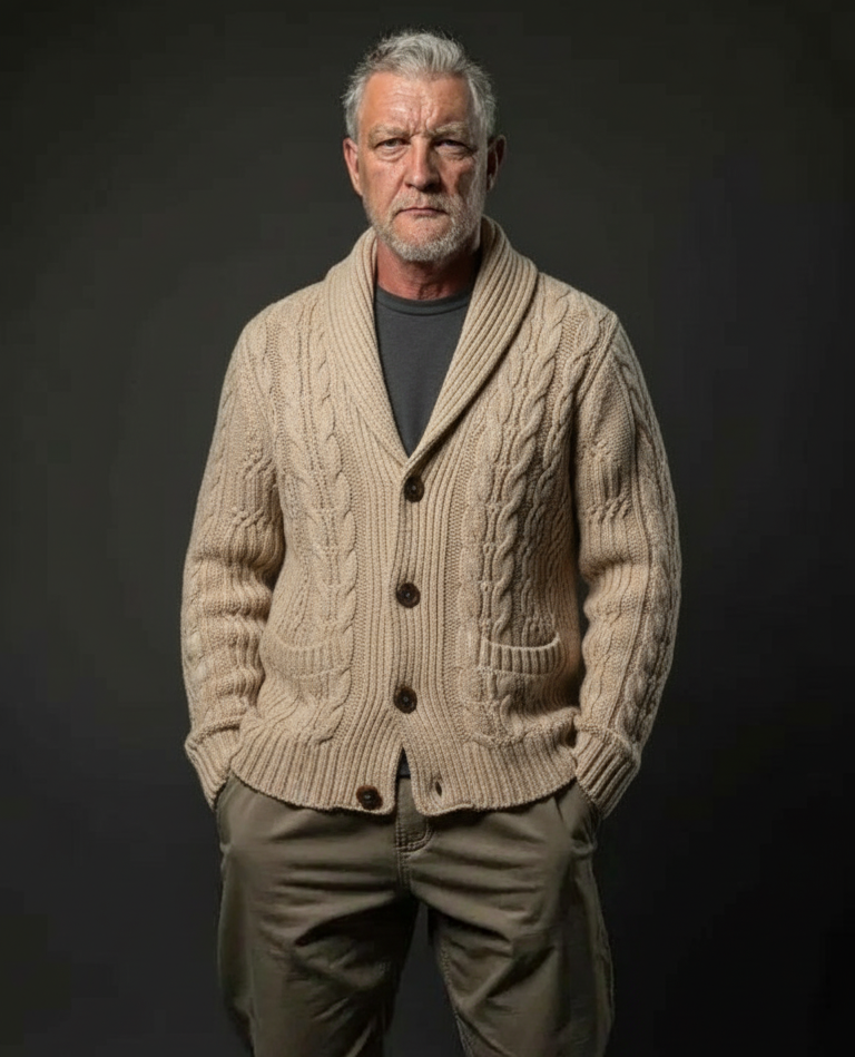 Men’s luxury hand-knit shawl collar cardigan in beige, style C02