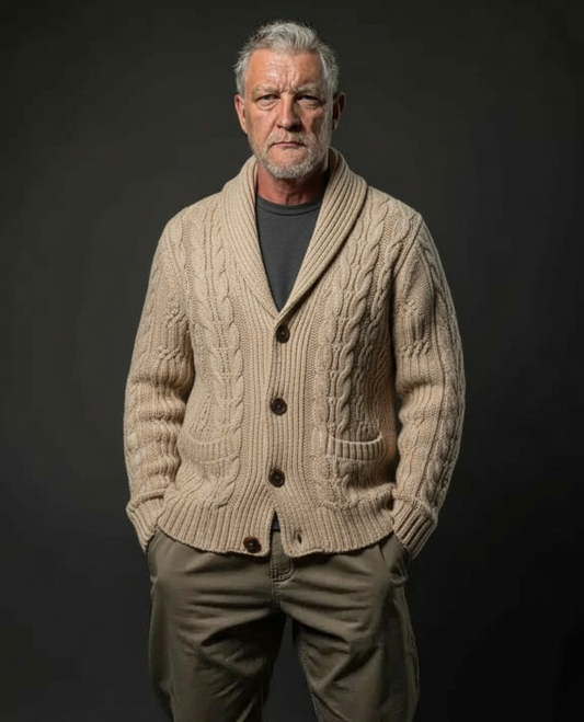 Men’s luxury hand-knit shawl collar cardigan in beige, style C02