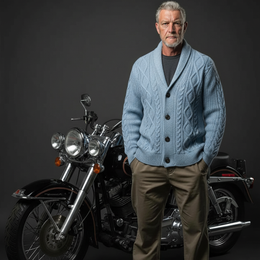 Men’s luxury hand-knit shawl collar cardigan in blue, style C03, front