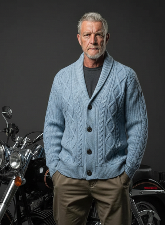 Men’s luxury hand-knit shawl collar cardigan in blue, style C03