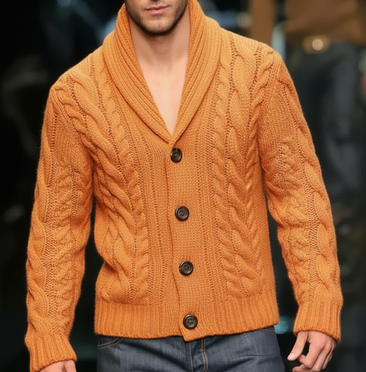 Men’s luxury hand-knit shawl collar cardigan in orange, style C07