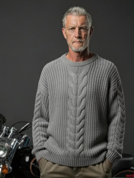 Men’s oversized cable hand-knit crewneck sweater in grey, style B03
