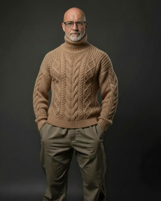Men’s travel hand-knit turtleneck sweater in brown, style 52A, front