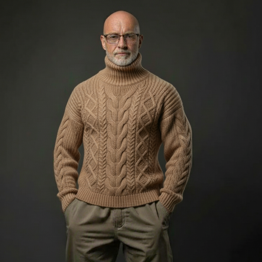 Men’s travel hand-knit turtleneck sweater in brown, style 52A
