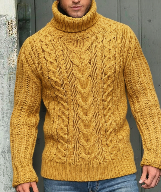Men’s Luxury Cable Hand Knit Turtleneck Sweater 47A | Yellow